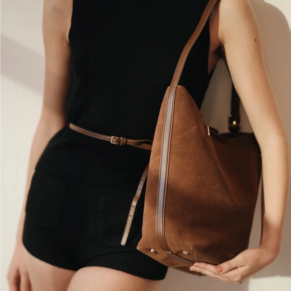 Verafied Toffee Genuine Suede Belted Tote Bag - Picture 13 of 14